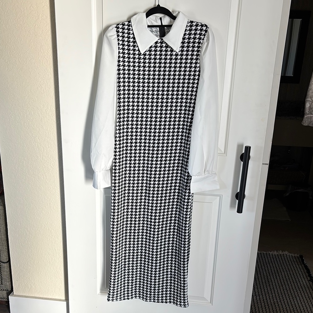 SHEIN Black and White Sheath Dress with Bishop Sleeves and Peter Pan Collar